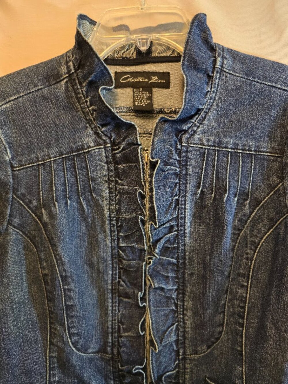 BLUE DENIM ZIP UP JACKET SIZE MEDIUM COTTON CHRISTIANA ZINN RUFFLES FLATTERING - Picture 3 of 8